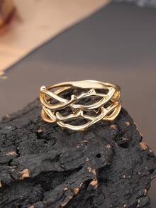 1pc Fashionable High-End Women's Dual-Tone Gold & Silver Embroidered Hollow Ring, Asymmetrical Striped Copper Statement Ring Jewelry, Suitable For Holiday And Daily Wear, Perfect Gift Choice - Rattan Ring - View 4