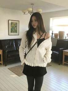 Cable Knit Button Front Sweater Cardigan, Ruffle Trim, Round Neck, Long Sleeves, Soft Warm Knit, Beige Fall/Winter Elegant Casual Layering Top - Apricot - View 3