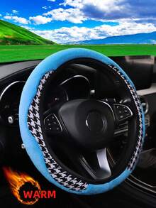 MEIKAXIU 1pc Winter Rabbit Fur Plush Soft Comfortable Non-Slip Car Steering Wheel Cover Without Inner Ring, Suitable For 15 Inch, Black & Red, Car Interior Accessory For Men & Women - Houndstooth Plush Style - View 18