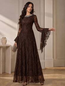 Elegant Women's Brown Lace Long Sleeve Formal Dress, Featuring Beaded Round Neck And Flared Hem, Suitable For Evening Occasions, Soft Back Tie Detail, Suitable For Parties, Galas - Coffee Brown - View 2