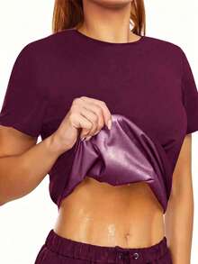 Women's Sweat Enhancing Fitness Top, Short Sleeve T-Shirt, Thermal Fitness Tank Top For Waist Training Spring Sports Fall - Burgundy - View 1