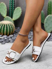 White Metal D-Ring Slide Sandals, Minimalist Wide Strap, Casual Outdoor Women's Flat Slippers, Lightweight Beach Vacation Flat Slippers - White - View 2