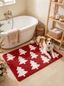 1pc Christmas New Arrival - Red Background White Christmas Tree Rectangular Bathroom Mat, Christmas Holiday Doorway Absorbent Foot Mat, Simple Cartoon Plush Rug, Bathroom Carpet, Holiday Atmosphere Home Decor, Christmas Home Gift - A - View 4
