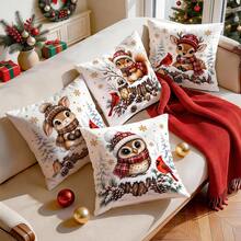 4pcs Forest Animals Christmas Pillow Covers, Rabbit Squirrel Owl Deer Cardinal Bird Print Pattern, Single-Sided Printed Pillow Covers/Cushion Covers, Multi-Scene Atmosphere Decoration Pillow Covers Suitable For Living Room Sofa Bedroom, Pillow Insert Not Included - Multicolor - View 9