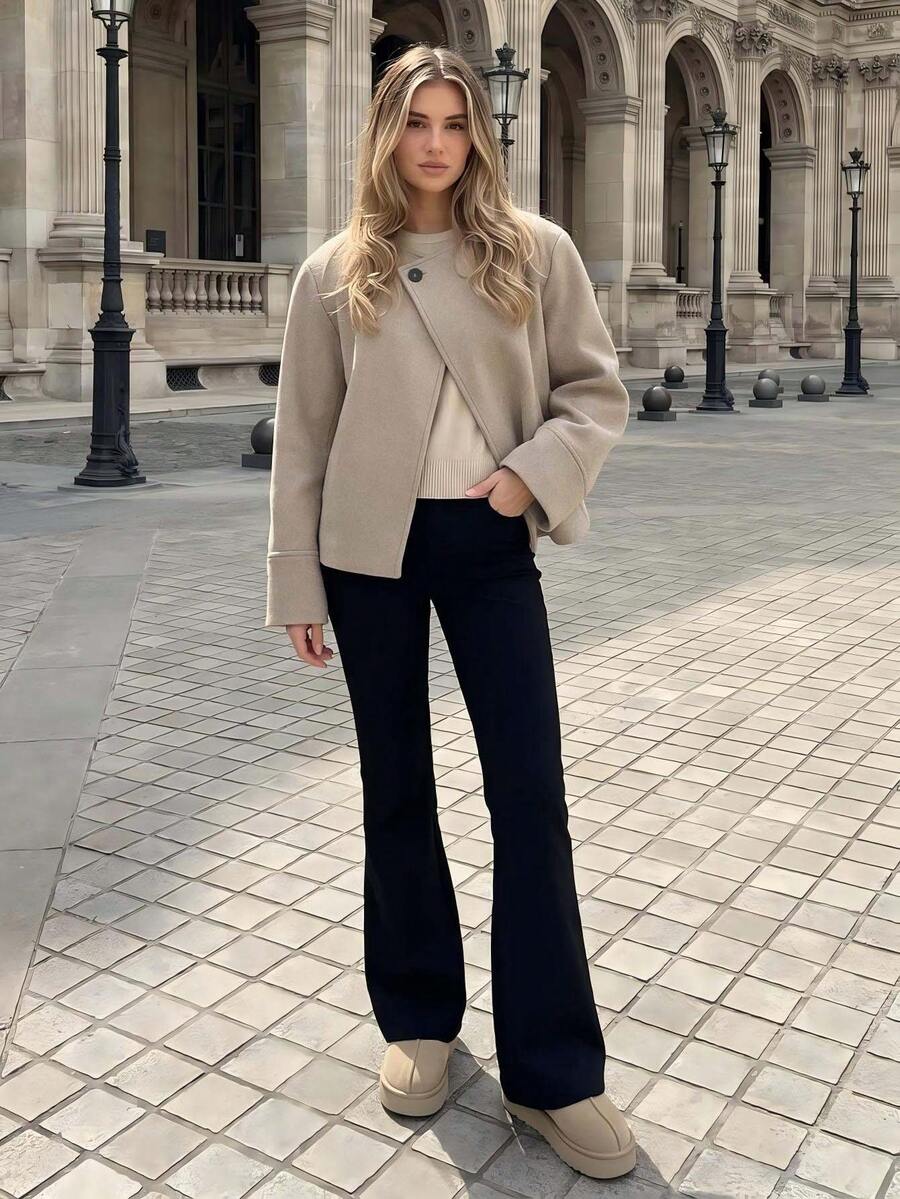 Autumn/Winter New Minimalist Oatmeal Color Short Overcoat, Loose Collarless Design, Commuter Outfit Versatile Top, Women's Jacket - Oatmeal - View 1