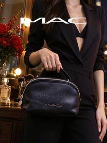 MAC Black Pebbled PU Makeup Bag With Handle Portable Zipper Cosmetic Pouch Large Capacity Travel Toiletry Storage Bag - Black - View 6