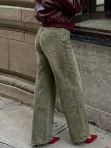 Y2K Retro Loose Straight Leg Jeans, Fashionable Casual Pants For Autumn/Winter - Dark Green - View 2