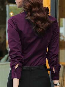 Women's V-Neck Short Sleeve Blouse, Business Formal Purple Rose Red Shirt, Office Work Wear, Long Sleeve Collared Top Spring - Purple Rose Red - View 3