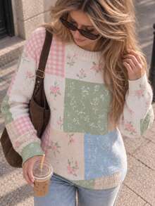 Women Pastel Patchwork Print Knit Sweater, Floral Check Long Sleeve Crew Neck Pullover, Soft Cozy Cottagecore Jumper, Fall Winter Outfit For Women - Off White - View 5