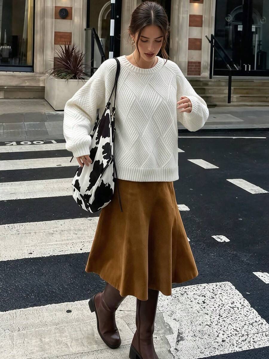 QUNGIGU Women Crew Neck Sweater Loose Comfortable Knit Pullover Casual Tops For Fall Winter Daily Commuting Going Out Dating - White - View 1