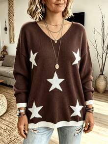 Plus Size Women's Star Pattern Casual Versatile Daily Wear Long Sleeve Sweater - Brown - View 5