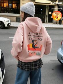 Autumn/Winter Women's Fleece Hoodie, Dog Graphic With English Lettering, Y2K Style - Sand Red - View 11