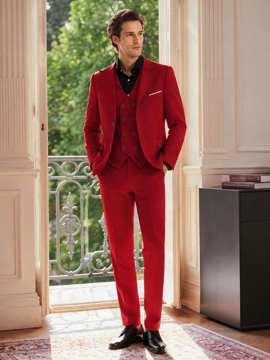 Officeau Men's 3 Pieces Red Suit Set With Peak-Lapel Blazer, Double-Breasted Waistcoat & Trousers, Luxury Tuxedo For Weddings, Evening Events - Red - View 1