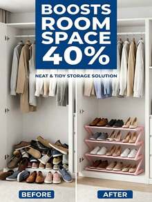 1pc 4-Tier Z-Shaped Shoe Rack, Plastic Side Frame With Thickened Non-Woven Fabric Shoe Layers, Tool-Free Assembly, Large Capacity Floor Storage Rack, Lightweight Stackable Space-Saving Shoe Cabinet, Suitable For Entryway, Bedroom, Dorm, Closet, Living Room Storage, Can Hold Sneakers, Slippers, High Heels, Children's Shoes, Multi-Functional Home Storage Rack - Black - View 3