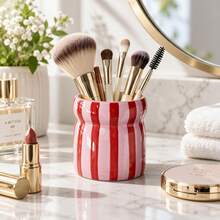 1pc Hand-Painted Striped Ceramic Makeup Box, Brush, Pen And Comb Storage Rack, Kitchen Utensil Holder For Living Room/Bedroom, Desktop Decor, Holiday Gift For Family And Friends, Aesthetic Home - View 6