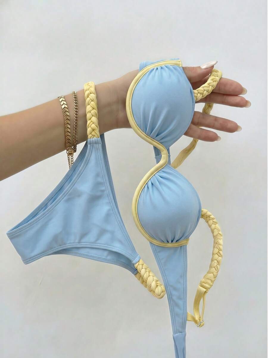 HaiiMeid Women's Fashion Braided Shoulder Strap Bikini Set, Underwire One-Piece Top With Contrast Color Back Tie Swimwear Vacation Beach Summer
