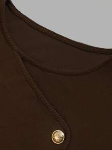 DONICY Women's Elegant Fall Asymmetrical Button Knit Top, Ribbed Stretch Long Sleeve Irregular Hem Fitted Blouse - Coffee Brown - View 3