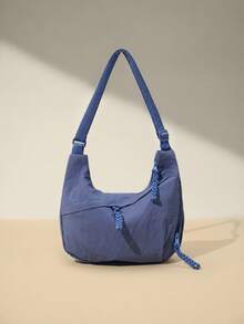 Avansion Fashion Solid Color Nylon Water-Resistant Shoulder Bag, Casual Minimalist College Style Wide Strap Crossbody Bag For Students, Commuting, Shopping - Blue - View 2