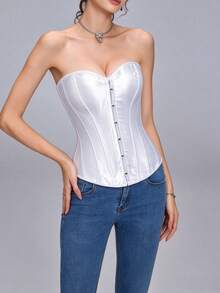 Vintage Court Style Satin Corset Top, Waist-Cinching Body-Shaping Bustier, Sexy Shaping Top For Women, Halloween Costume, Role Play, White Corset Top - White - View 7