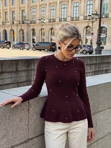 Women's Burgundy Knitted Ruffle Top, Pearl Decor, Round Neck Long Sleeve Regular Length Medium Stretch Autumn Sweater - Brown - View 1