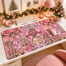 1pc Pink Glitter Makeup Rose Perfume Desk Mat, Multi-Purpose Makeup Nail Art Table Pad, Large Non Slip Desktop Protector S/M/L/XL - View 1