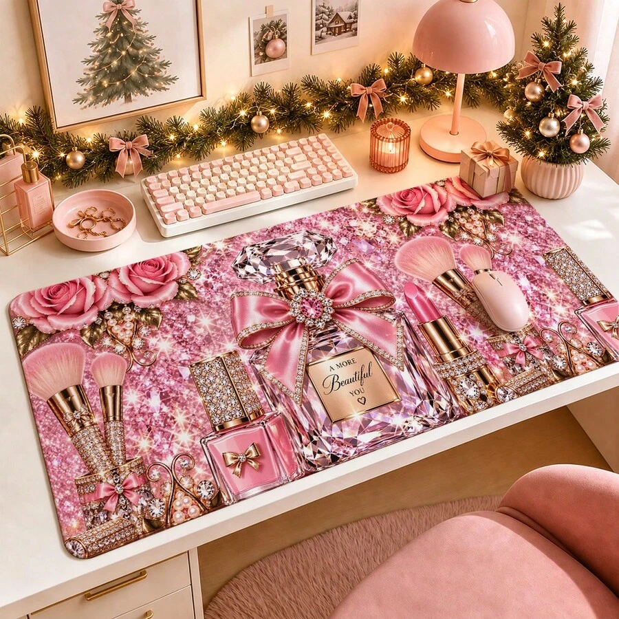 1pc Pink Glitter Makeup Rose Perfume Desk Mat, Multi-Purpose Makeup Nail Art Table Pad, Large Non Slip Desktop Protector S/M/L/XL - View 1