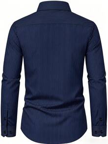 Men's Fashion Business Casual Striped Print Long Sleeve Shirt,Fall - Navy Blue - View 3