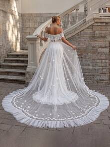 1 Piece Long Leaf‑Floral Applique Lace Ruffle Train Tulle Over‑Skirt, Flowy Ruffle Sheer Overlay For Church Wedding Bridal Styling - Multicolor - View 3