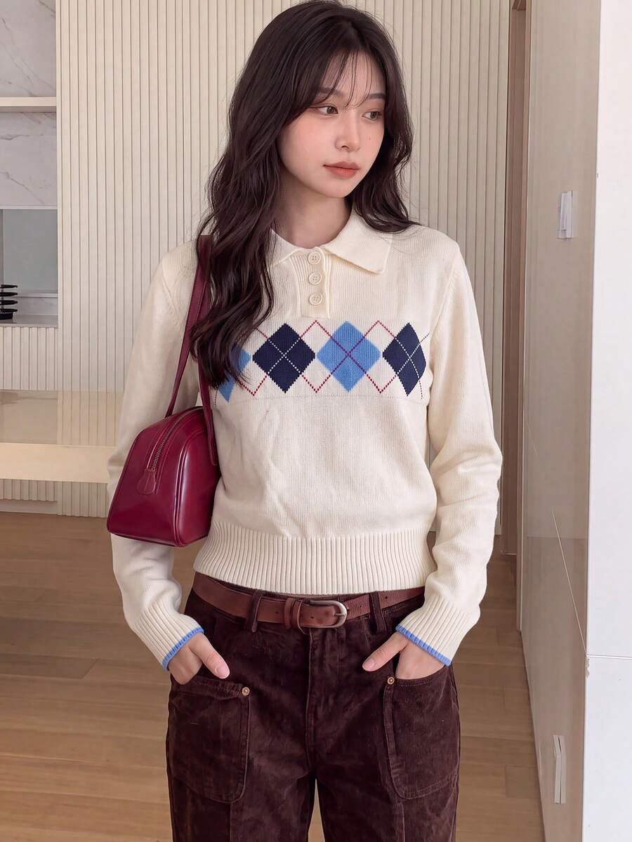 Women's Autumn/Winter Casual Minimalist Preppy Style Argyle Pattern Turn Collar Pullover Sweater Fall - Off-white - View 1