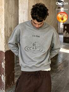 Men's Thermal Lined Crew Neck Sweatshirt With Concentric Circle Letter Print, Y2K Style, Autumn/Winter - Heather Gray - View 11