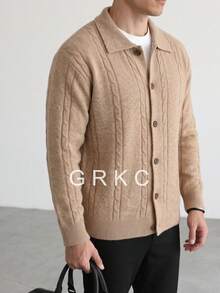 GRKC كارديجان رجالي بأزرار كاملة، أكمام طويلة، أكتاف منخفضة، نسيج مضلع عمودي، أسلوب كوري رجعي، ملابس خارجية للتنقل، ملابس محبوكة، خريف/شتاء - بني - مشاهدة 4