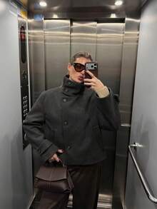 Women's Autumn/Winter Elegant High-End Dark Gray Stand Collar Button-Up Short Wool Jacket, Commuter Minimalist Loose Versatile Thick Wool Top - Dark Grey - View 1