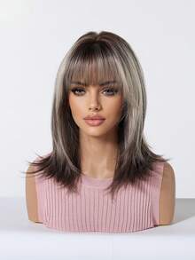 Topshe Women's Medium-Long Straight Layered Cut Air Bangs Synthetic Wig, Grey Gradient Chestnut Brown Heat-Resistant Wig, Suitable For Halloween Gothic Costume, Theme Party, Carnival, Daily Life, Work And Dating - Multicolor - View 3