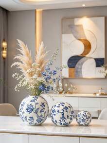 Blue And White Porcelain Ceramic Vase, Round Ball Shaped Decorative Flower Vase For Home Tabletop Decor - 1PC - View 10