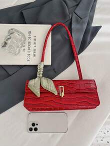 1件紅色鱷魚壓紋裝飾條紋圍巾蝴蝶結，亮面PU材質，可收納手機、口紅、卡片及其他個人物品，翻蓋金屬鎖扣，奢華復古法式風格女款腋下包。適合年輕女性，日常通勤、約會、晚宴、聚會，春秋季節，質感高級，簡約百搭，可肩背或腋下攜帶，搭配洋裝、西裝外套，充滿法式氛圍的時尚小包 - 紅色 - 查看 7