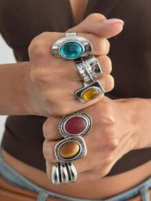 6pcs Vintage Antique Silver Ring Set, Chunky Faux Gemstone Oval Shield Band, Boho Fall Winter Women Jewelry - Multicolor - View 4