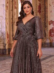 MGIACY Plus Size Fall Winter Elegant Surplice V-Neck Puff 3/4 Sleeve Sequin A-Line Maxi Dress Evening Gown For Party Wedding Prom Festival - Watermelon Pink - View 2