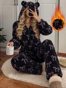 Women's Soft Coral Fleece One-Piece Pajamas, All-Over Pink Bow Pattern, Hooded 3D Bear Ear Design, Zipper Closure For Easy Wear, Thick Plush One-Piece Loungewear, Sweet Loose-Fit Home Sleepwear - Black - View 1