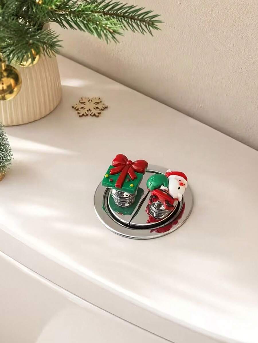 2 Pieces Christmas-Themed Toilet Flush Button Cover Set (Christmas Tree) – Festive Toilet Button Decoration, Creative Bathroom Tank Switch/Button, And Auxiliary Handle (Drill-Free; Doubles As A Handle For Drawers, Cabinet Doors, Or Refrigerators) - Multicolor - View 1