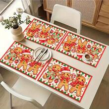 1/4/6pcs Christmas Series 3 Cute Gingerbread Men Side-By-Side Pattern Printed Placemats, Heat-Resistant Table Mat For Home Kitchen/Table Protection, Kitchen Dining Table Party Scene Decoration - Multicolor - View 6
