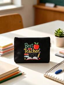 Teacher Theme Black Linen Tote Bag Set, Includes Large Tote Bag + Small Coin Purse, Printed With Best Teacher Ever Apple Design, Large Capacity Durable Canvas Material, Perfect Gift For Teacher's Day, Suitable For Students To Purchase And Give To Teachers, Daily Commute, Lesson Planning, Book And Stationery Storage - Multicolor - View 9