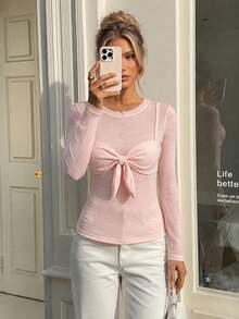 Women's Autumn/Winter Y2K Twist Camisole 2 In 1 Light Pink Semi-Sheer Knit Round Neck Fitted Long Sleeve Base Layer T-Shirt - Pink - View 5