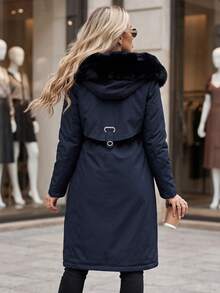 Women's Long Parka Jacket With Faux Fur Hood, Drawstring Waist, Zip And Snap Closure - Navy Blue - View 3