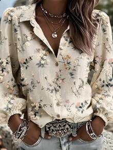Women's Elegant Apricot Ditsy Floral Open Front Blouse, Lightweight Linen Printed Shirt, Lantern Sleeve Loose Casual Top, Breathable Flowy Blouse, Suitable For Daily Wear, Vacation, Yoga, Outdoor Activities, Spring Summer Autumn Fashion Women's Shirt - Apricot - View 1