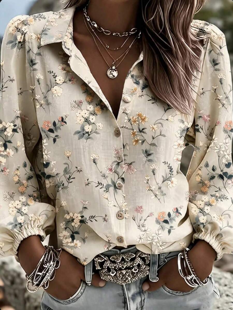 Women's Elegant Apricot Ditsy Floral Open Front Blouse, Lightweight Linen Printed Shirt, Lantern Sleeve Loose Casual Top, Breathable Flowy Blouse, Suitable For Daily Wear, Vacation, Yoga, Outdoor Activities, Spring Summer Autumn Fashion Women's Shirt - Apricot - View 1