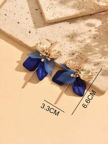 1pair Vintage Style Blue Petals And Leaves Pendant Long Earrings For Women Suitable For Party And Festival - Royal Blue - View 4