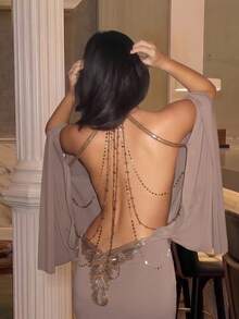 Gaun Mini Bodycon Lengan Lonceng Tanpa Punggung dengan Bordir Kupu-kupu dan Payet Seksi - Khaki - View 6