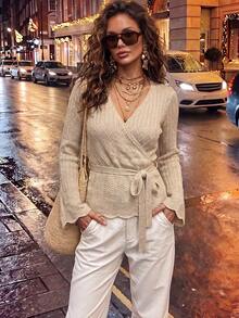 Women's Early Autumn Hollow Knit Lace-Up Top, Slim Fit Cross V-Neck Sweater - Apricot - View 2