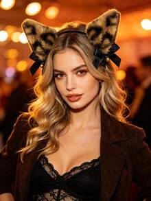 Autumn Leopard Print Cat Ear Headband Bow Knot Animal Ear Sexy Cute COS Headpiece Hot Selling - Multicolor - View 1