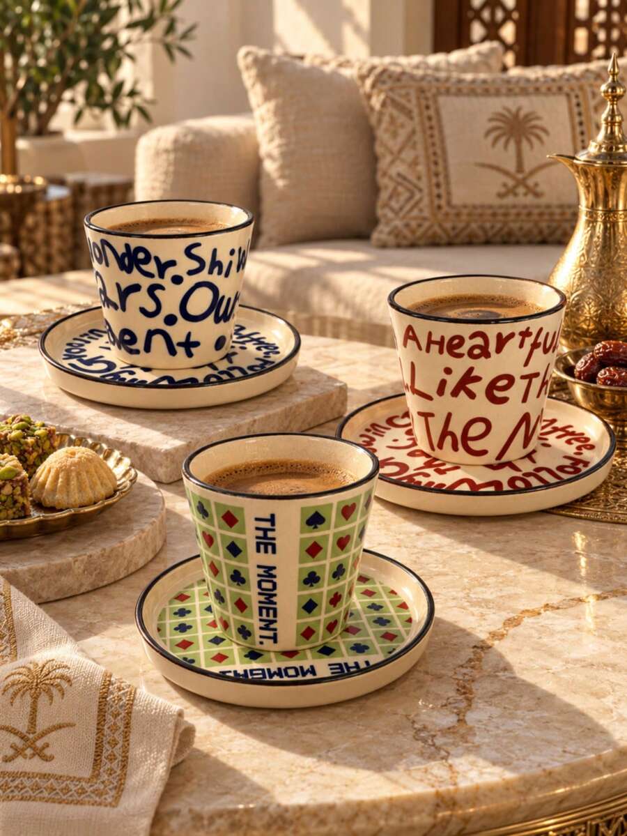 Modern Typography Under-Glaze Ceramic 2 Pieces Coffee Cup & Saucer Set, Handleless Coffee & Tea Cup For Breakfast, Home Coffee Corner, Guest Serving, Ramadan & Eid Gift - Multicolor - View 1